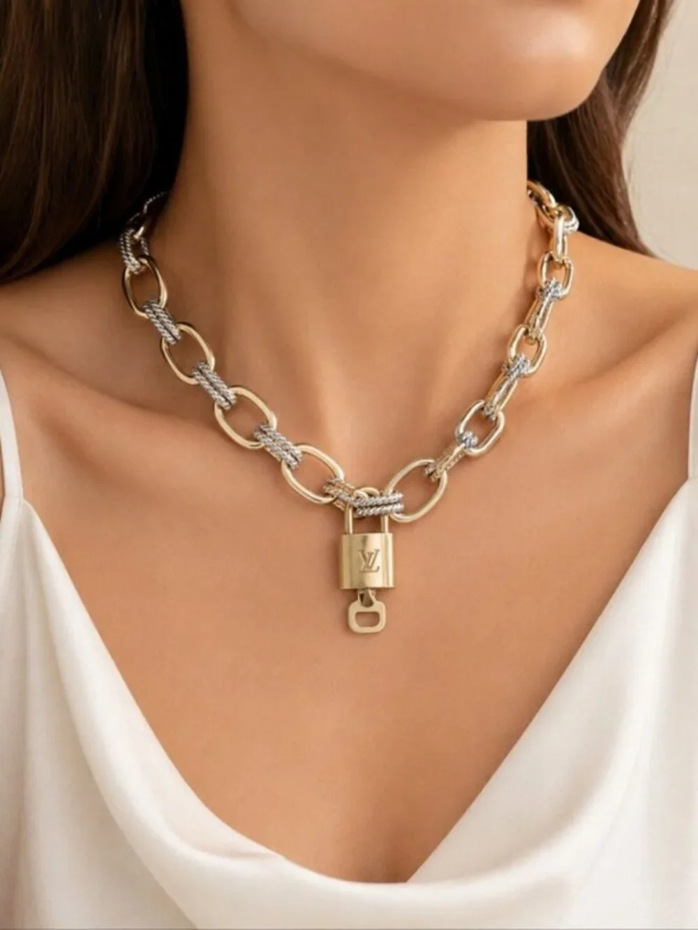 Authentic Louis Vuitton Gold Padlock w/ Unbranded Fashion Geometry Necklace